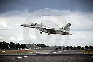 Slovakian Air Force MiG-29 Fulcrum fighter jet taking off from Gilze-Rijen Air Base, The Netherlands - June 20, 2014