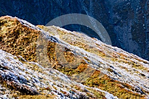 Slovakian carpathian mountains in autumn. frosty grass on summit