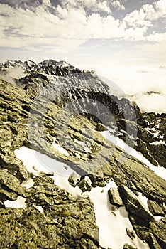 Slovakian carpathian mountains in autumn. way to Krivan - vintage film look