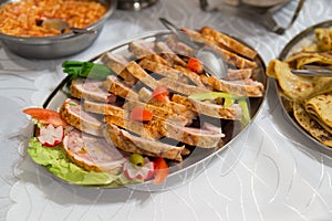 Slovakian food pork meat on buffet table.