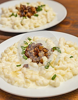 Slovakian halusky dish with bacon