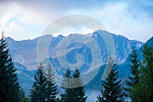 Slovakian Tatra mountain high peaks on the blue sky background