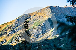 Slovakian Tatra mountain high peaks on the blue sky background