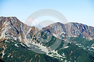 Slovakian Tatra mountain high peaks on the blue sky background