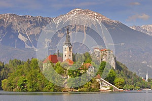 Slovenia, Bled, Lake Bled and the church of Assumption, Gorenjska Region photo