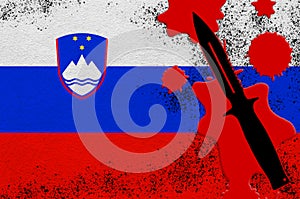 Slovenia flag and black tactical knife in red blood. Concept for terror attack or military operations with lethal outcome