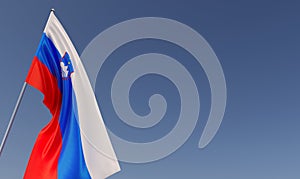 Slovenia flag on flagpole on blue background. Place for text. The flag is unfurling in wind. Slovenian, Ljubljana. Balkans. 3D