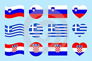 Slovenia, Greece, Croatia flag vector illustration. The Balkans countries official symbols collection. Europe states