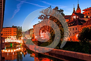 Slovenia. Ljubljana. Beautiful night view of the capital of Slovenia. The central part of the city with a view of the river