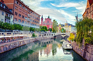 Slovenia Ljubljana Tromostovje Ljublianica river Church