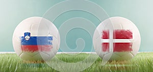 Slovenia vs Denmark football match infographic template for Euro 2024 matchday scoreline announcement. Two soccer balls with