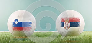 Slovenia vs Serbia football match infographic template for Euro 2024 matchday scoreline announcement. Two soccer balls with