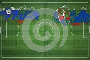 Slovinsko vs slovensko futbalový zápas, národné farby, národné vlajky, futbalové ihrisko, futbalový zápas, kopírovať priestor