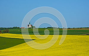 Slovenian countryside in spring with charming little church on a hill and flowering rapeseed field, in Slovenia