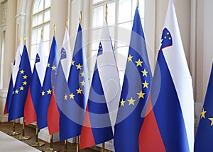 Slovenian national flags and EU European flags