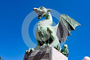 Slovenian typical dragon sculpture on Ljublana Dragon bridge, Slovenia 2020
