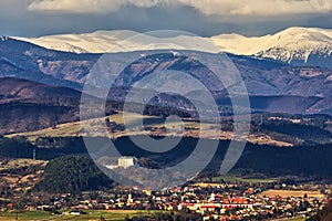 Slovenska Lupca castle and village under Low Tatras mountains