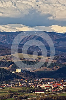 Slovenska Lupca castle and village under Low Tatras mountains