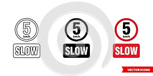 Slow 5 Km-h prohibitory sign icon of 3 types color, black and white, outline. Isolated vector sign symbol