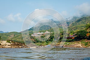 Slow boats on Mekong River near Pakbeng town in Northern Laos.