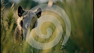 Slow camera push on a hyena in the tall grass by Generative AI