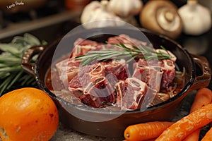 Slow-cooked lamb shanks in cast iron pan