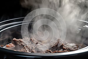 slow cooker in action with steam rising, cooking a pot roast