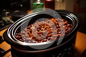 slow cooker filled with simmering chili