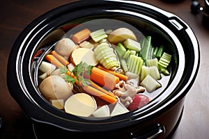 slow cooker filled with simmering vegetables and broth