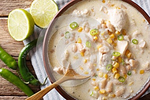 Slow cooker white chili chicken with beans and corn close-up on