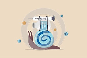 Slow COVID-19 Coronavirus vaccine in developing countries, snail slowly walk with load of COVID-19 vaccine bottle and syringe with