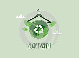 Slow fashion concept. Earth planet and clothes hanger. Reuse, reduce, recycle. Vector