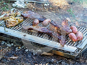 slow grilling chorizo sausages , chicken quarters, skirt and flank muscle steaks argentinian cuts photo