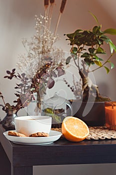 Slow living concept. Cozy area for relaxing and rest with cup of hot tea or coffee, fresh orange fruit and green home plants. Home