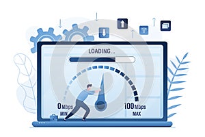 Slow loading of media content. Speed test. Male user pulls an arrow on measuring scale. Signal quality improvements, speed