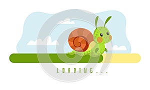 Slow and long loading. Waiting for website to restart. Progress bar and cartoon snail. Low speed upload interface design