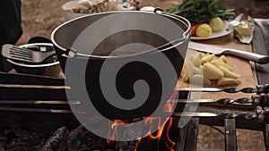 slow mo 4k on a fire in a pot cooking mushroom pickle, mushroom soup, outdoor recreation, camping, relaxation in the