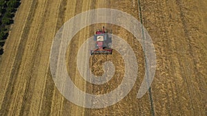 slow motion aerial view of Combine harvester agriculture machine harvesting golden ripe wheat