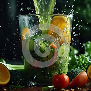 Slow motion blend Fresh organic vegetables transformed into a vibrant smoothie