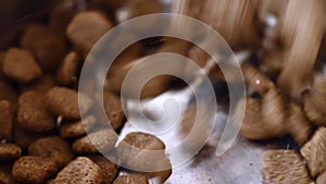 SLOW MOTION close up of dog food falling into a metal dog bowl