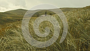 Slow motion feather grass sways in the wind against the background of the steppe and a small lonely village house with a