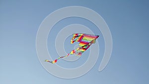 Slow motion footage of a kite flying over a blue sky