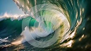 Slow motion footage of large surfing wave, tube.