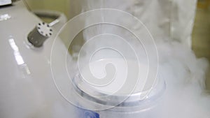 Slow Motion Liquid Nitrogen Covers Tank in Laboratory