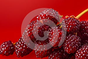 Slow motion macro shot of sparkling hackberries on red background photo