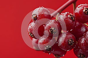 Slow motion macro shot of sparkling hackberries on red background photo