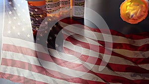 Slow Motion Medicine Bottles and Pills Falling With Ghosted American Flag Waving