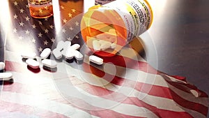 Slow Motion Medicine Bottles and Pills Falling With Ghosted American Flag Waving