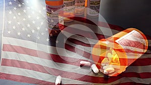 Slow motion medicine bottles and pills falling with ghosted American flag waving