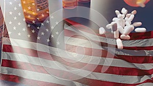 Slow motion medicine bottles and pills falling with ghosted American flag waving